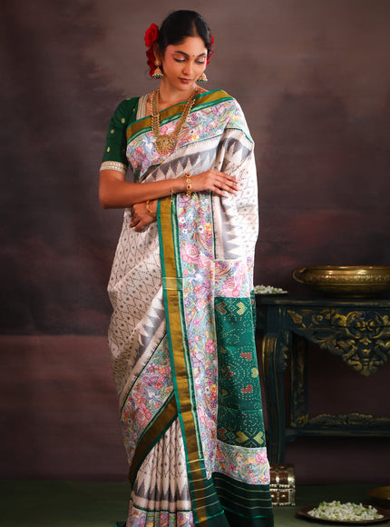 Off White & Green Rajkot Patola Silk Saree With Convent Embroidery