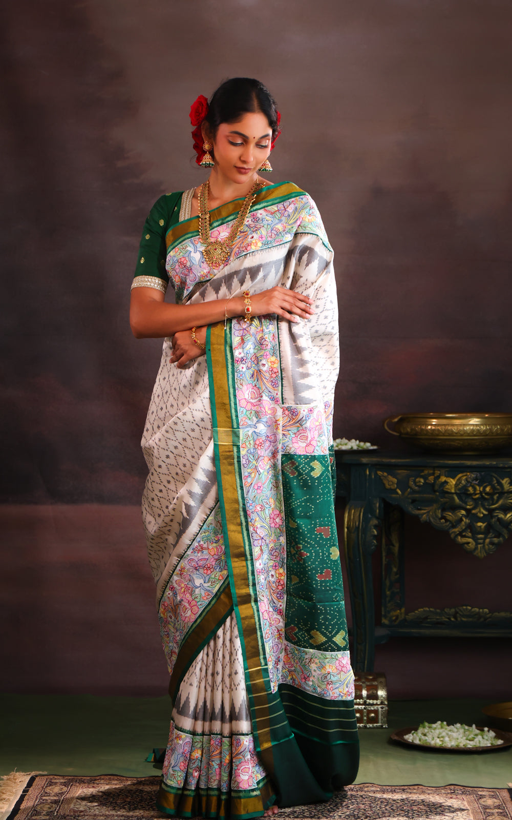 Off White & Green Rajkot Patola Silk Saree With Convent Embroidery