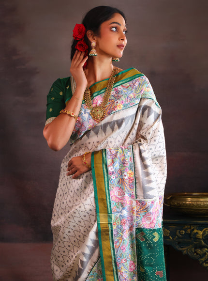 Off White & Green Rajkot Patola Silk Saree With Convent Embroidery