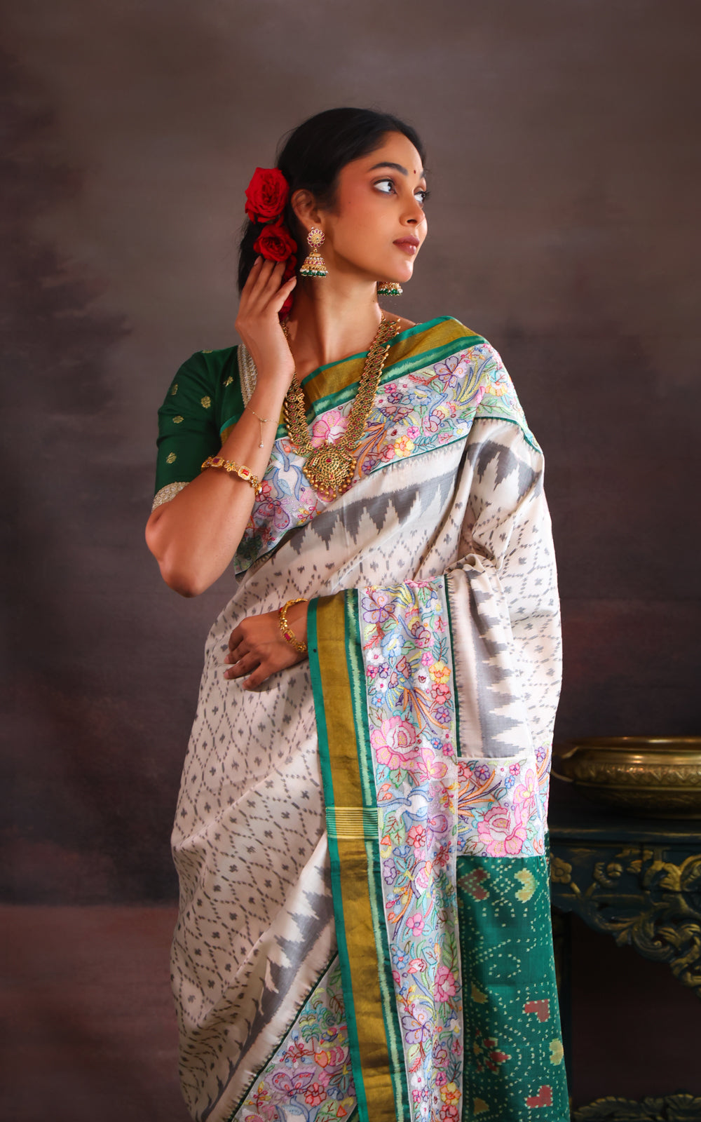 Off White & Green Rajkot Patola Silk Saree With Convent Embroidery