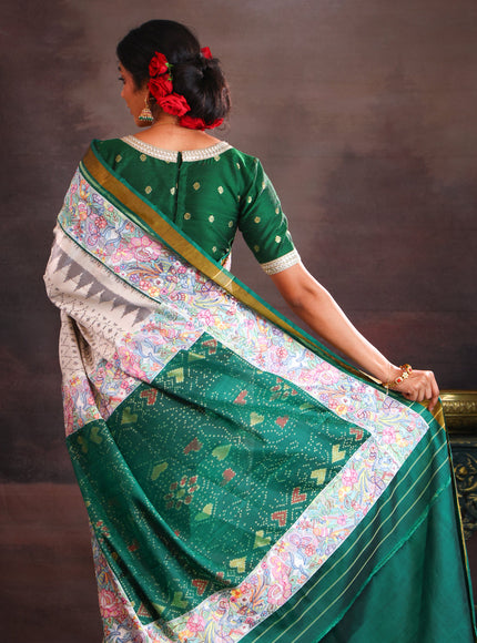 Off White & Green Rajkot Patola Silk Saree With Convent Embroidery