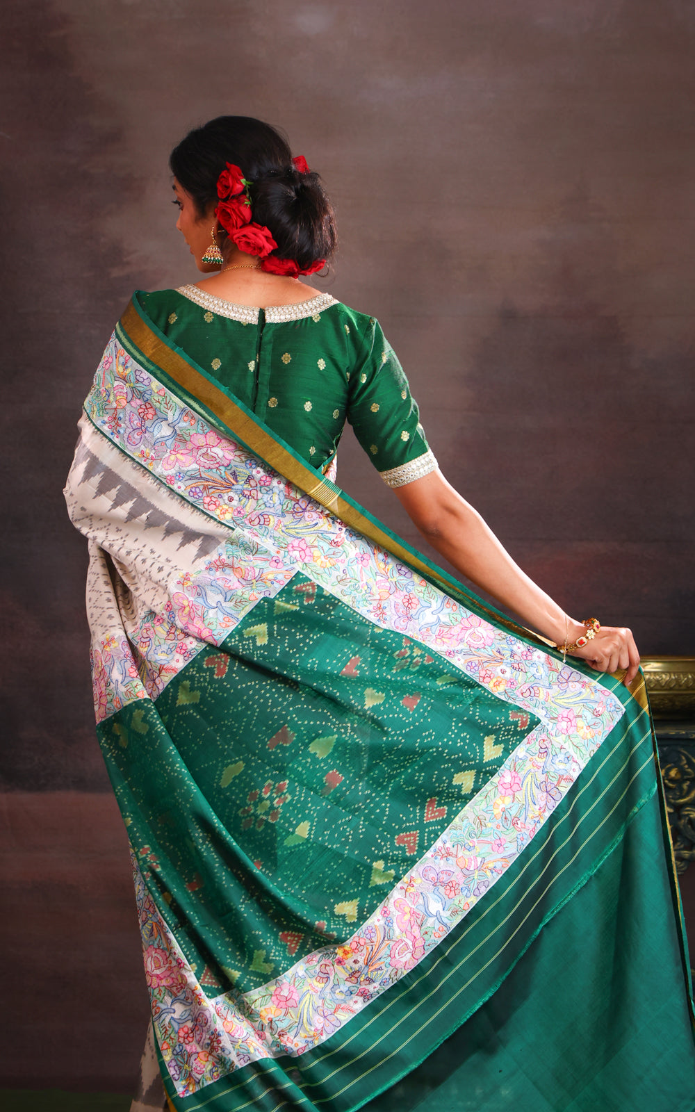 Off White & Green Rajkot Patola Silk Saree With Convent Embroidery