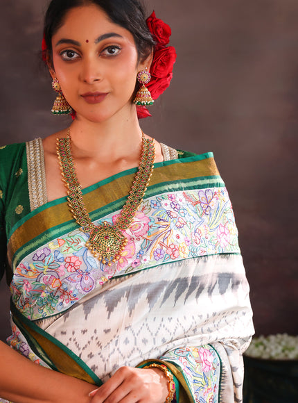 Off White & Green Rajkot Patola Silk Saree With Convent Embroidery