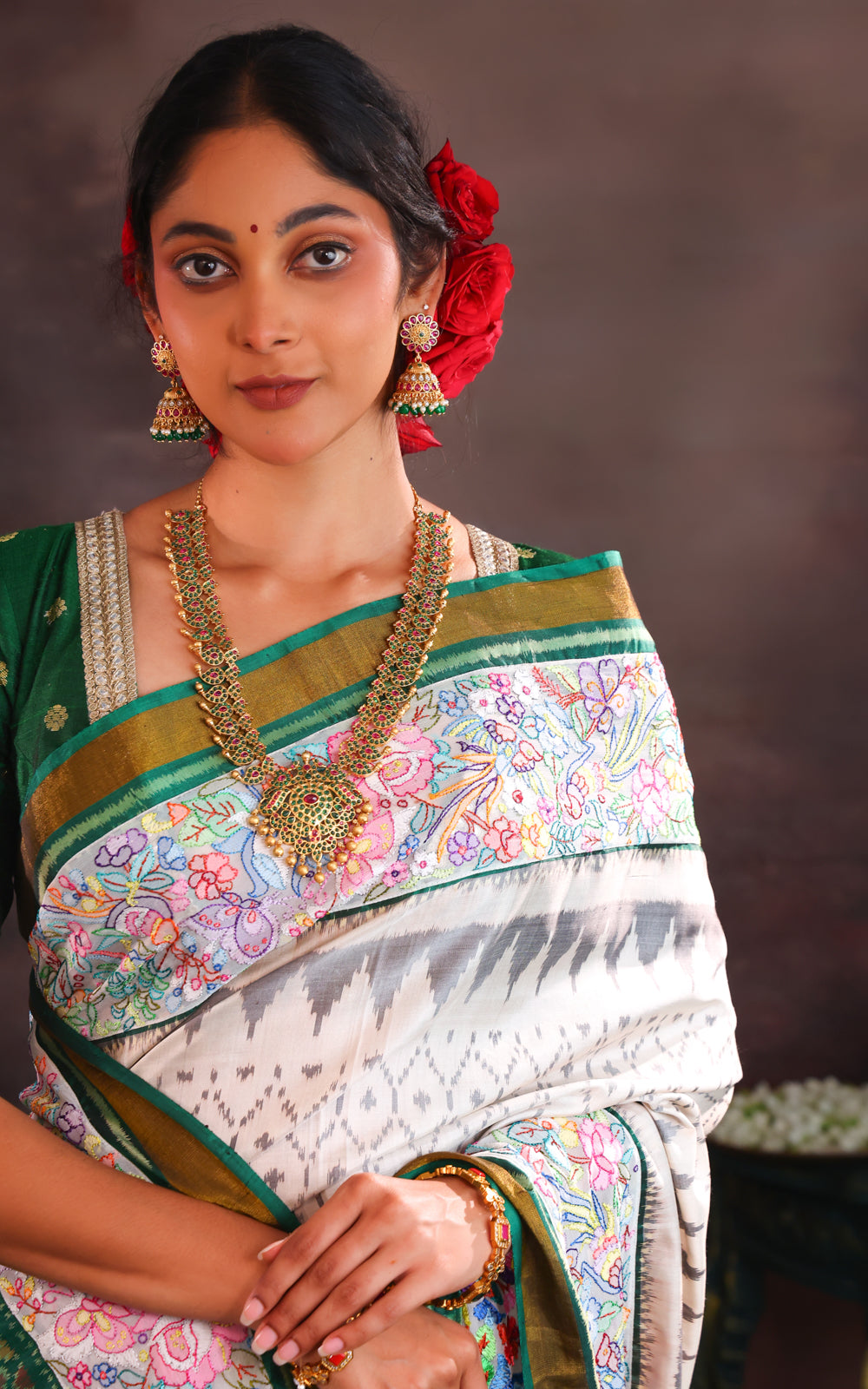 Off White & Green Rajkot Patola Silk Saree With Convent Embroidery