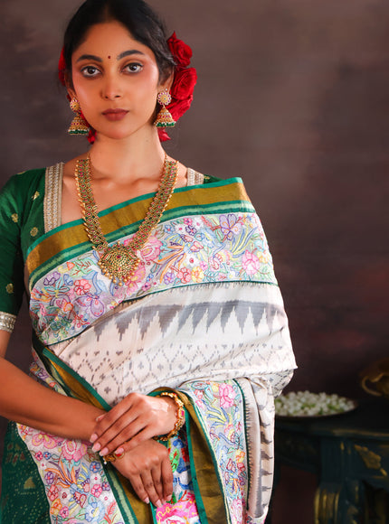 Off White & Green Rajkot Patola Silk Saree With Convent Embroidery