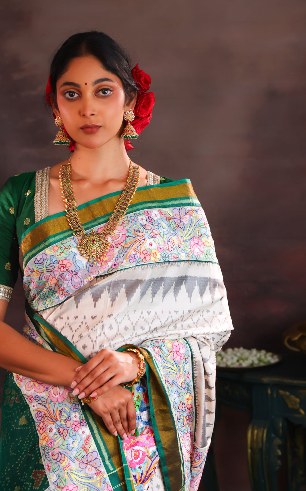 Off White & Green Rajkot Patola Silk Saree With Convent Embroidery