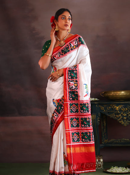 Off White & Maroon Patan Patola Silk Saree With Petit Point Embroidery