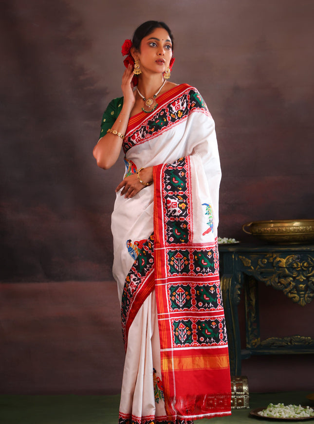 Off White & Maroon Patan Patola Silk Saree With Petit Point Embroidery