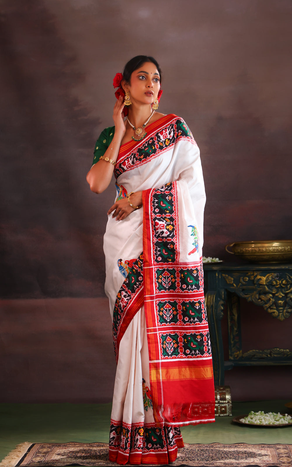 Off White & Maroon Patan Patola Silk Saree With Petit Point Embroidery
