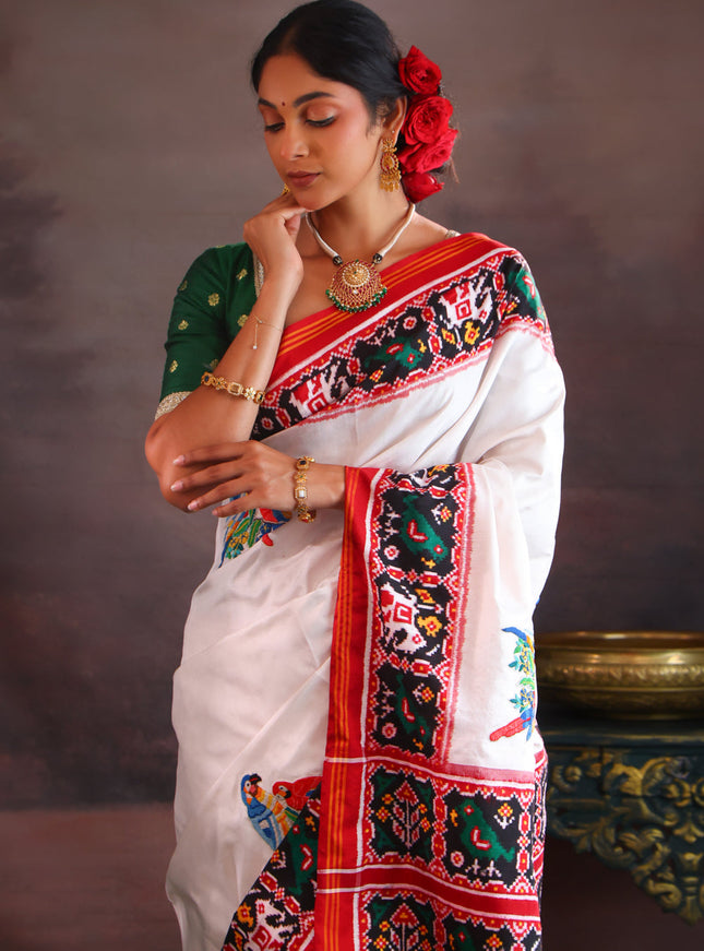 Off White & Maroon Patan Patola Silk Saree With Petit Point Embroidery
