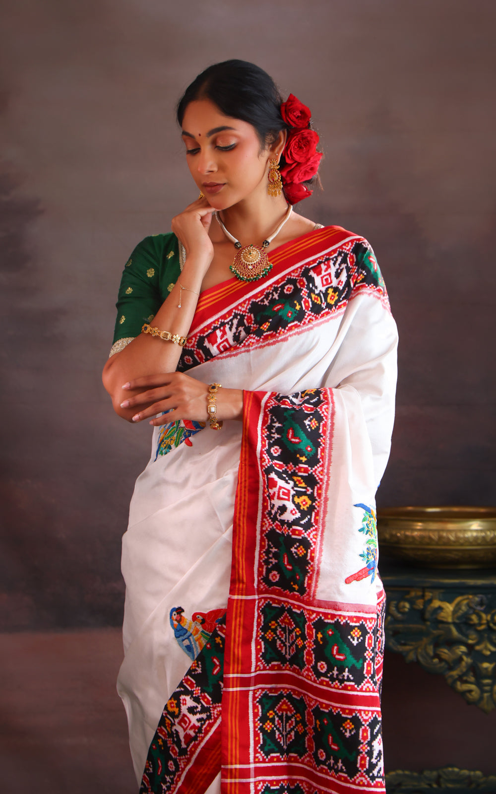 Off White & Maroon Patan Patola Silk Saree With Petit Point Embroidery