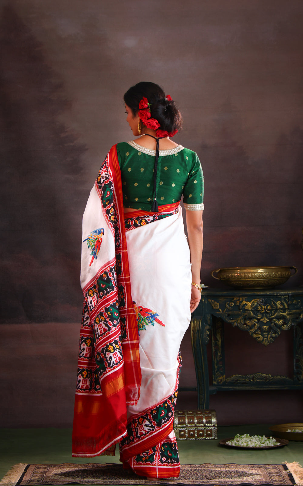 Off White & Maroon Patan Patola Silk Saree With Petit Point Embroidery