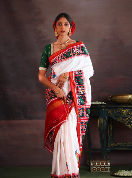 Off White & Maroon Patan Patola Silk Saree With Petit Point Embroidery