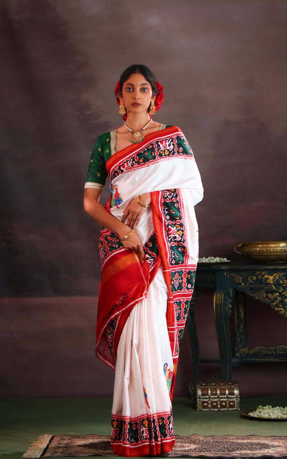 Off White & Maroon Patan Patola Silk Saree With Petit Point Embroidery