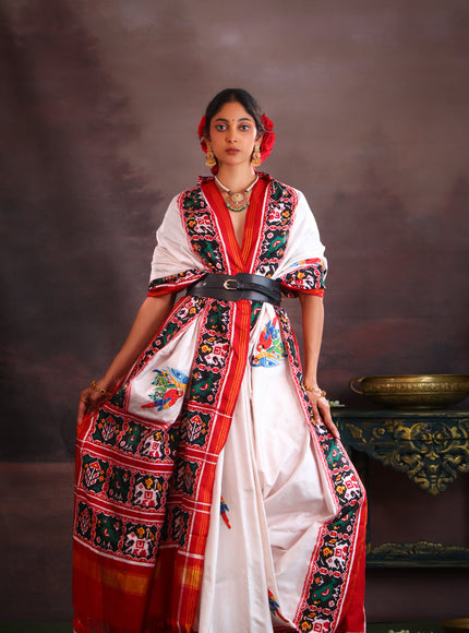 Off White & Maroon Patan Patola Silk Saree With Petit Point Embroidery