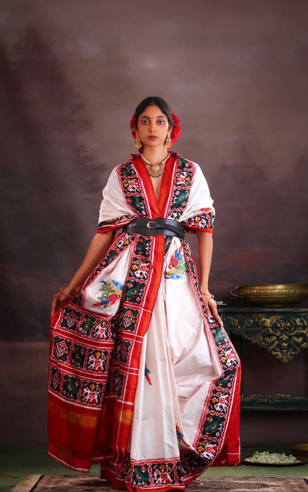 Off White & Maroon Patan Patola Silk Saree With Petit Point Embroidery