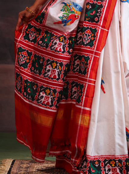 Off White & Maroon Patan Patola Silk Saree With Petit Point Embroidery