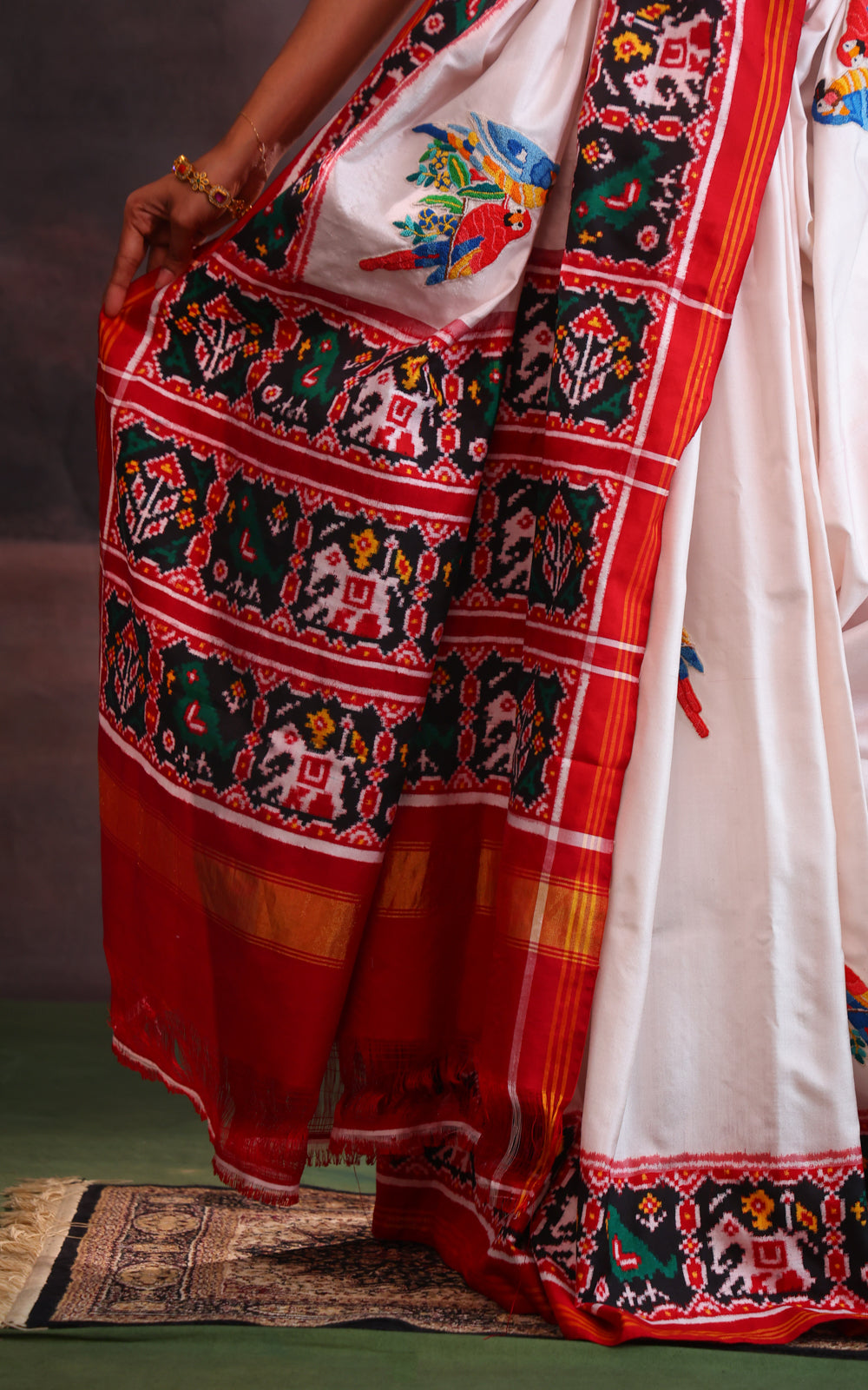 Off White & Maroon Patan Patola Silk Saree With Petit Point Embroidery