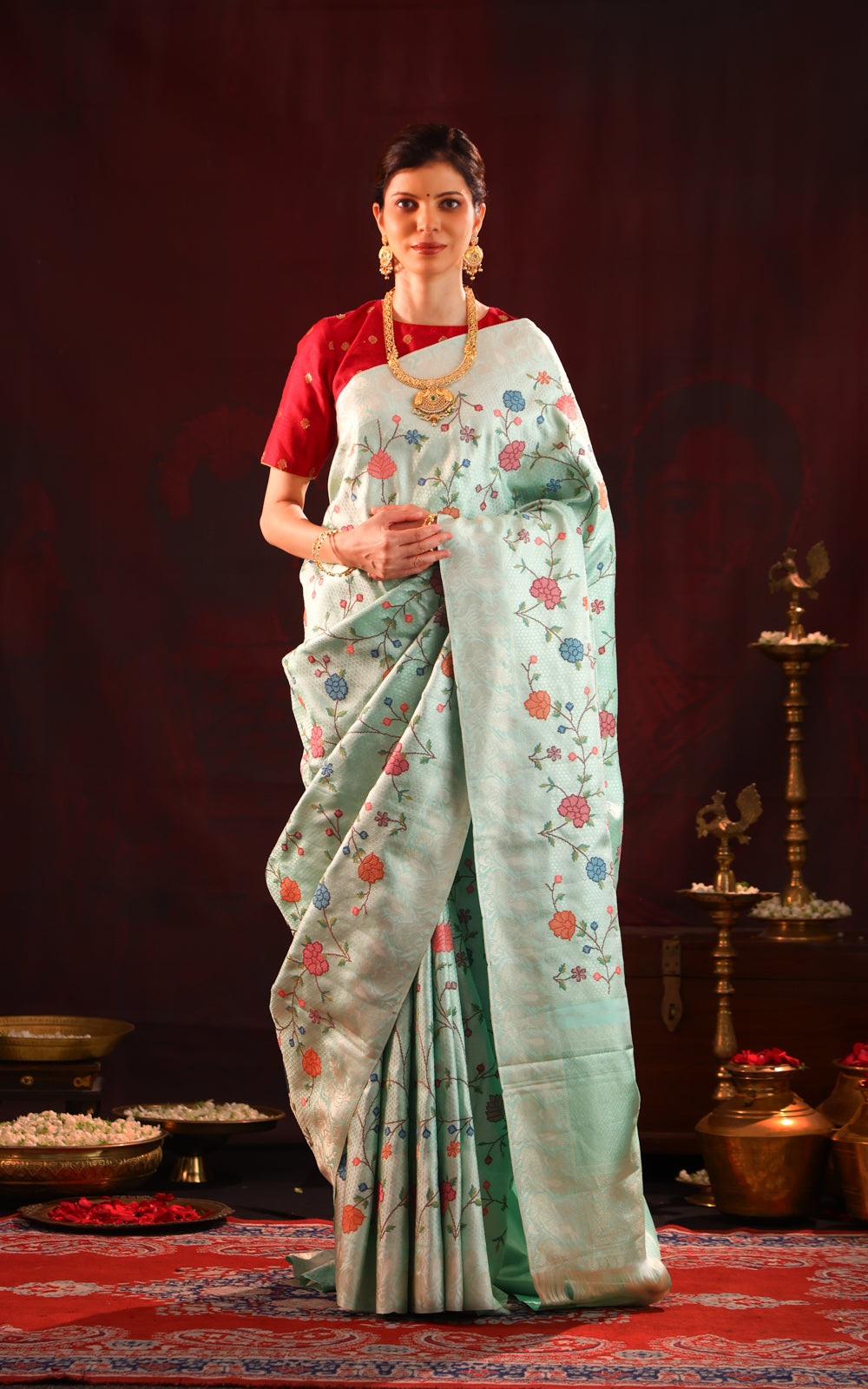 Pastel Blue Kanchipuram Silk Saree With Floral Embroidery