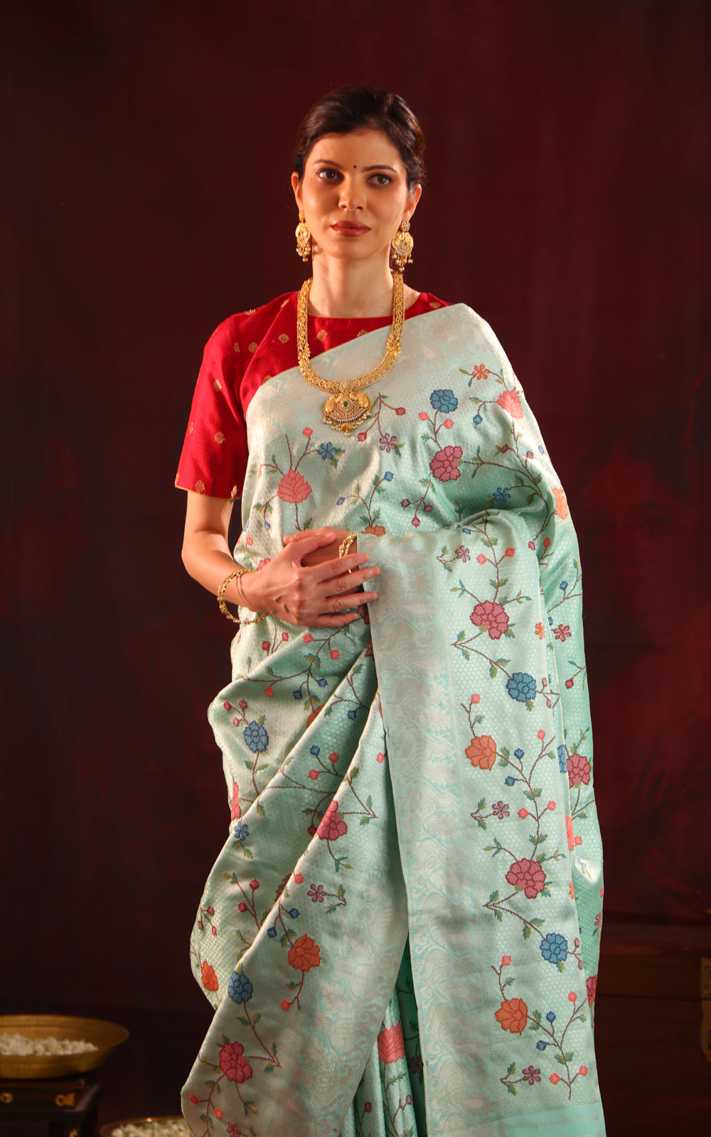Pastel Blue Kanchipuram Silk Saree With Floral Embroidery