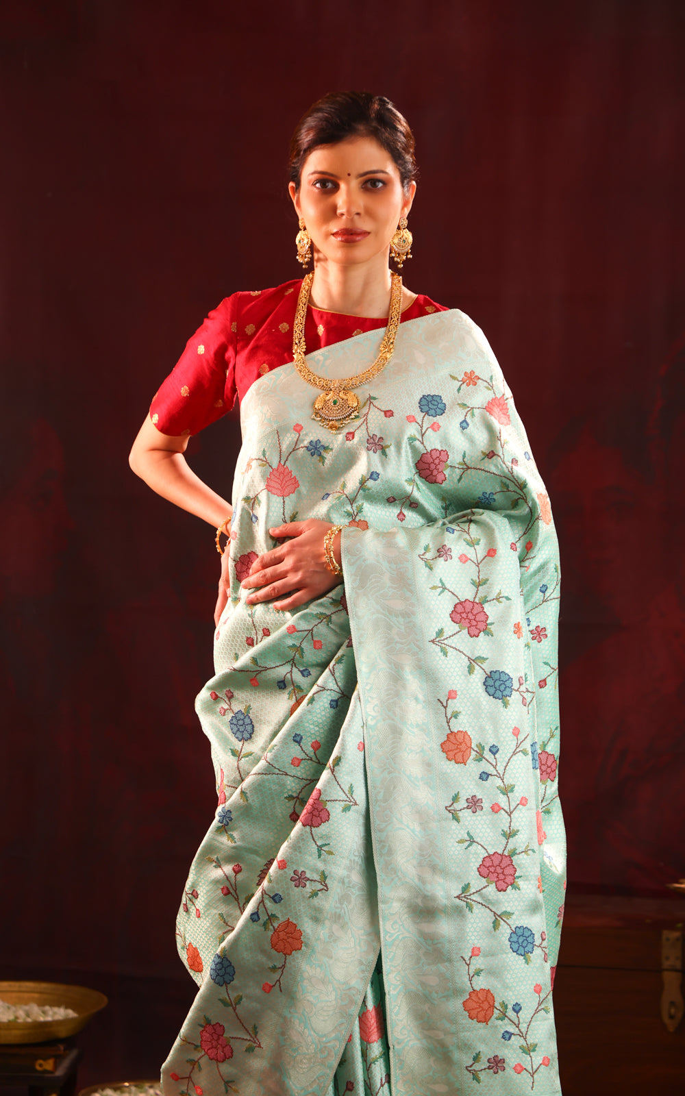 Pastel Blue Kanchipuram Silk Saree With Floral Embroidery