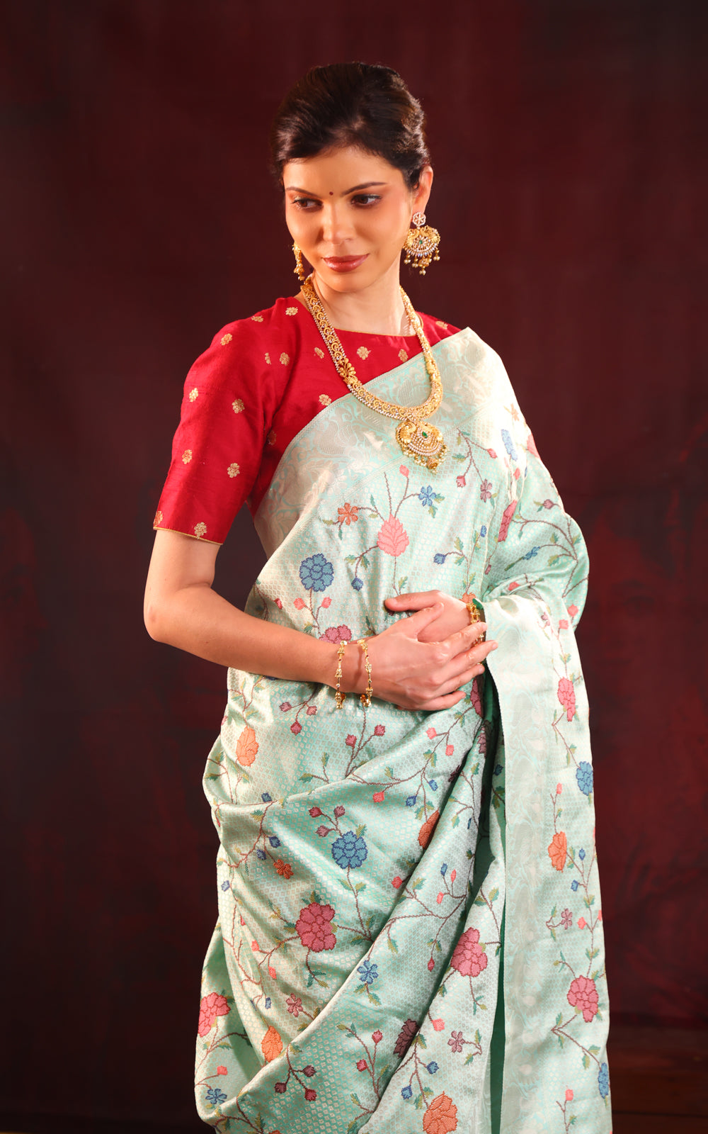 Pastel Blue Kanchipuram Silk Saree With Floral Embroidery