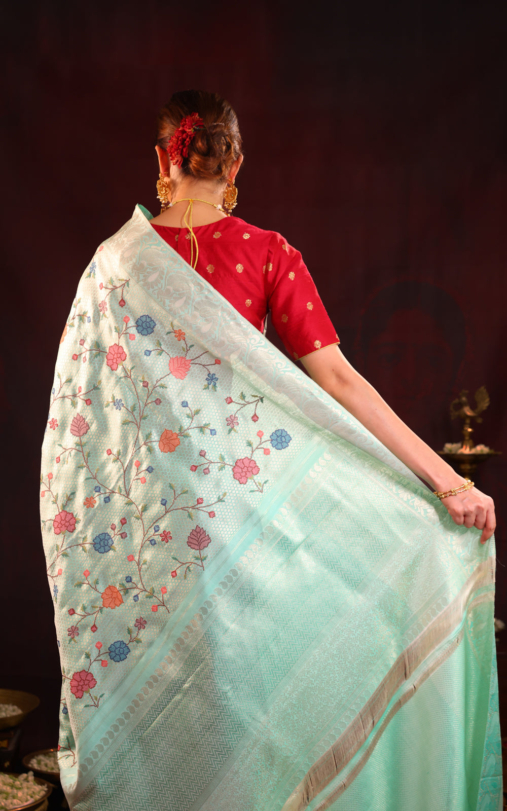 Pastel Blue Kanchipuram Silk Saree With Floral Embroidery