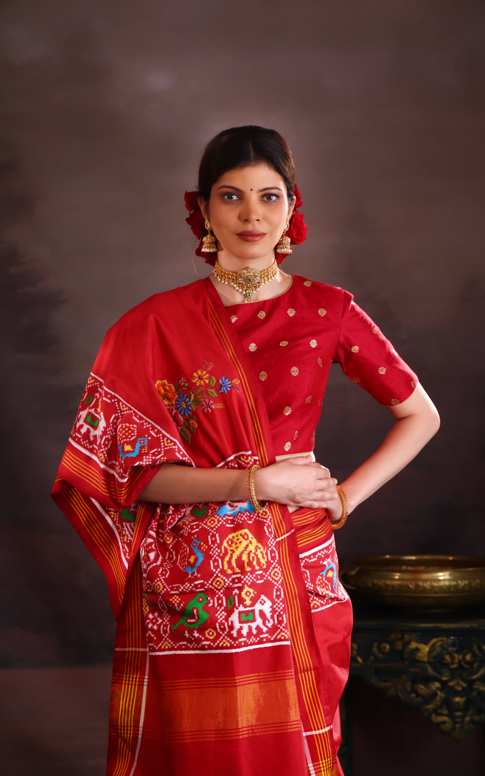 Maroon Patan Patola Silk Saree With Petit Point Embroidery