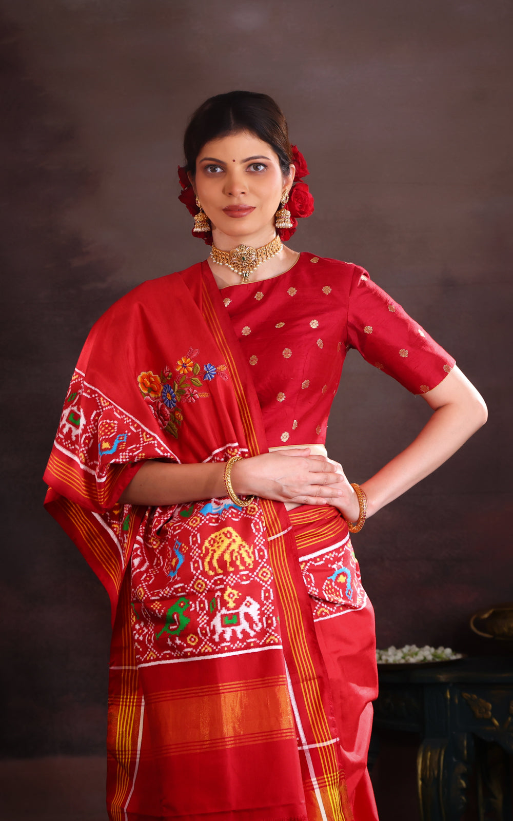 Maroon Patan Patola Silk Saree With Petit Point Embroidery