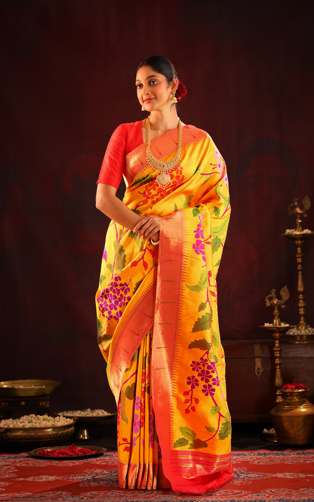 Yellow & Red Pure Paithani Silk Saree With Mina Weaves