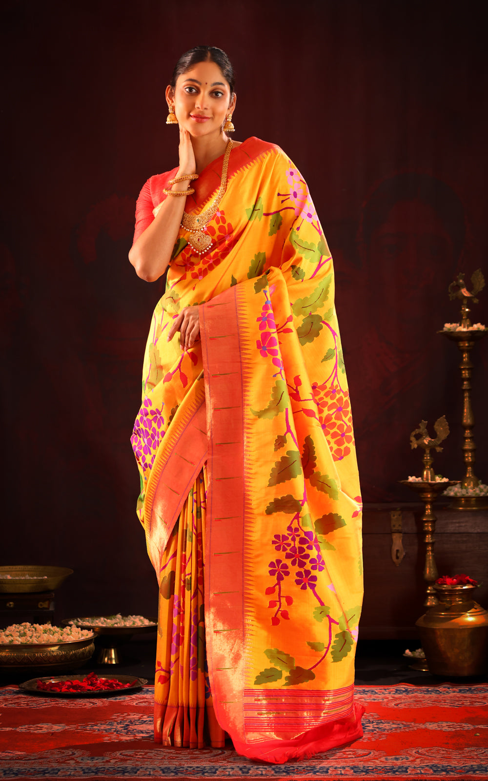Yellow & Red Pure Paithani Silk Saree With Mina Weaves