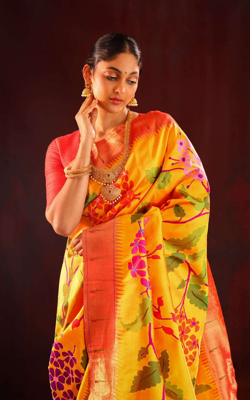 Yellow & Red Pure Paithani Silk Saree With Mina Weaves