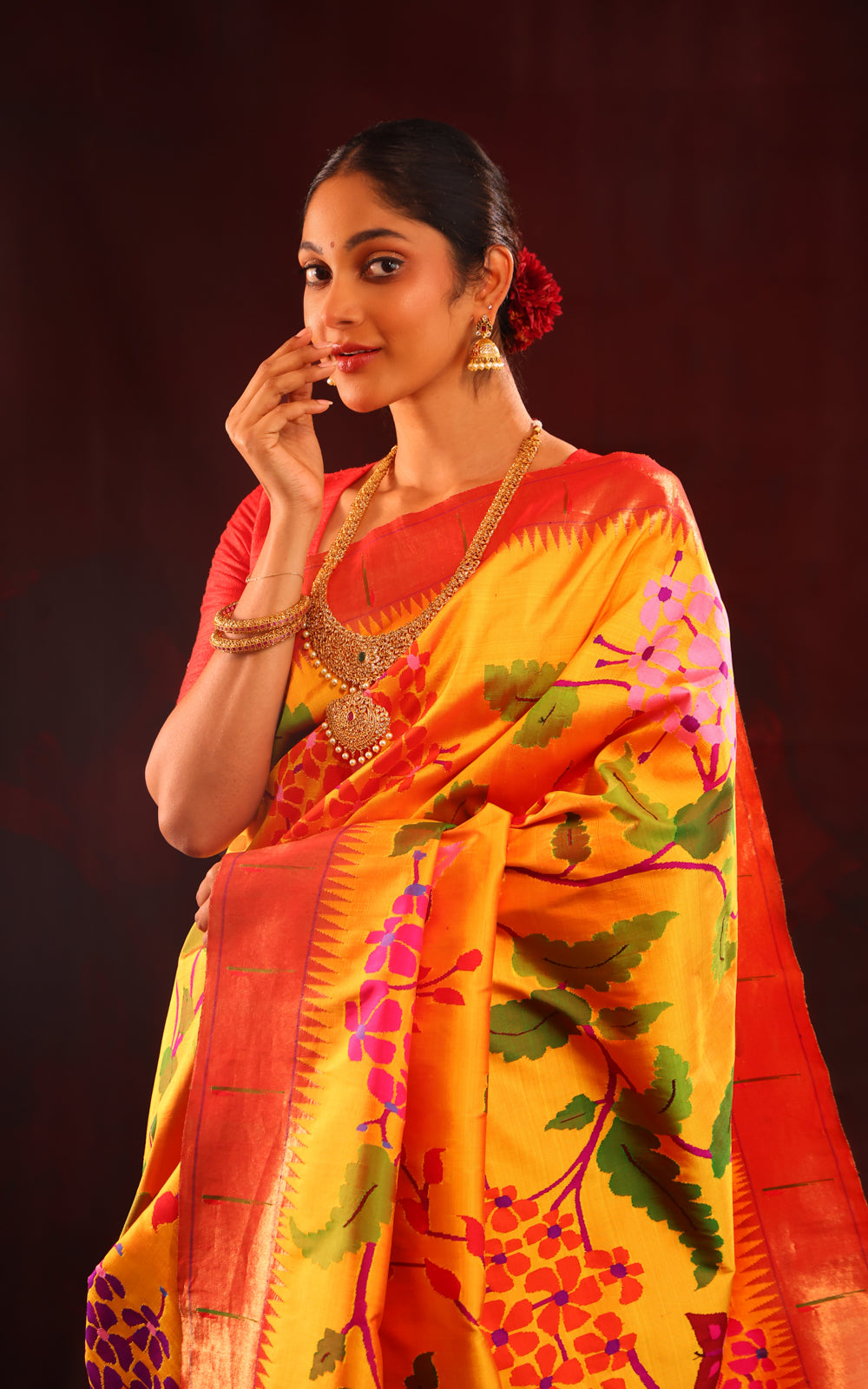 Yellow & Red Pure Paithani Silk Saree With Mina Weaves