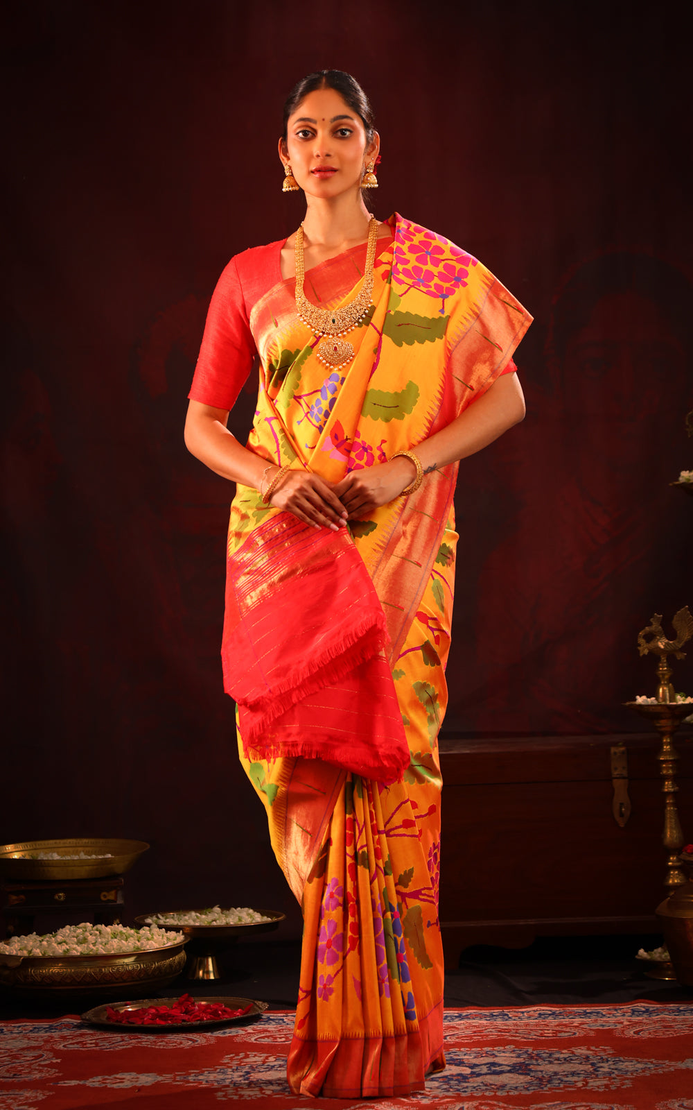 Yellow & Red Pure Paithani Silk Saree With Mina Weaves