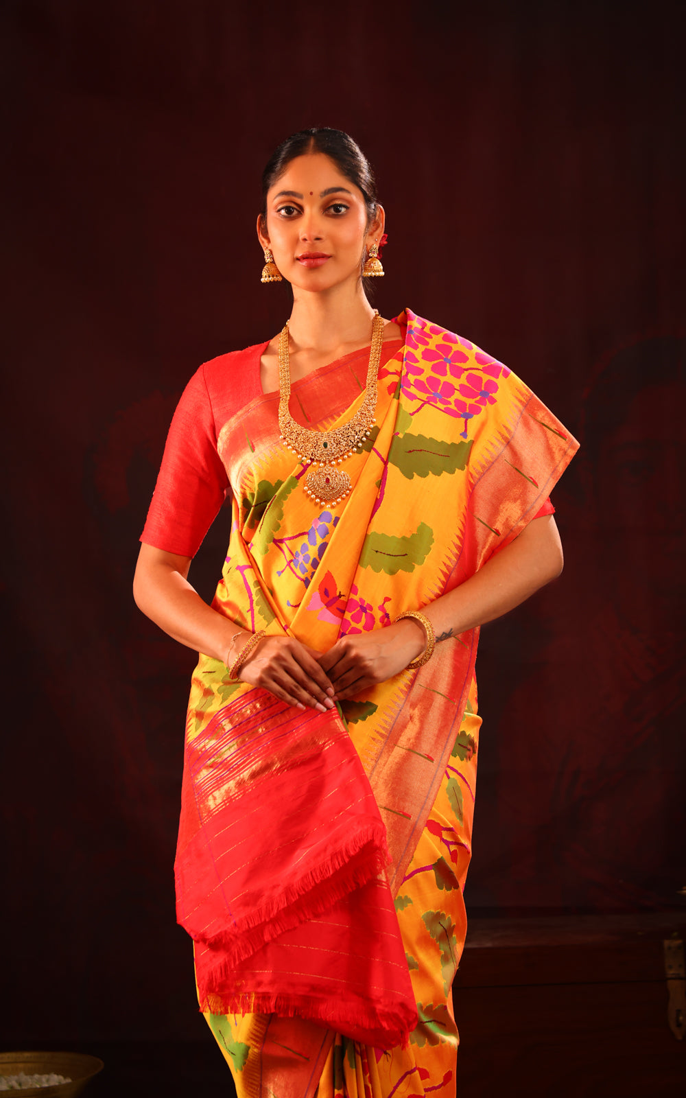 Yellow & Red Pure Paithani Silk Saree With Mina Weaves