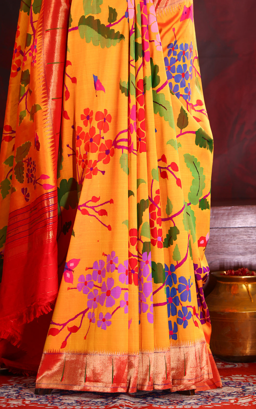 Yellow & Red Pure Paithani Silk Saree With Mina Weaves
