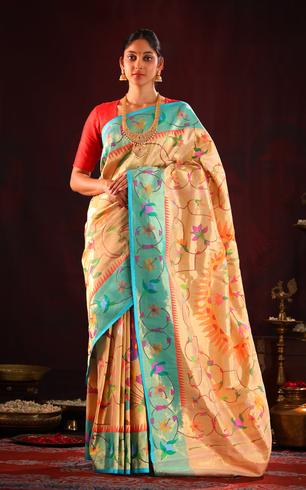 Light Gold Pure Tissue Paithani Silk Saree With Mina Weaves