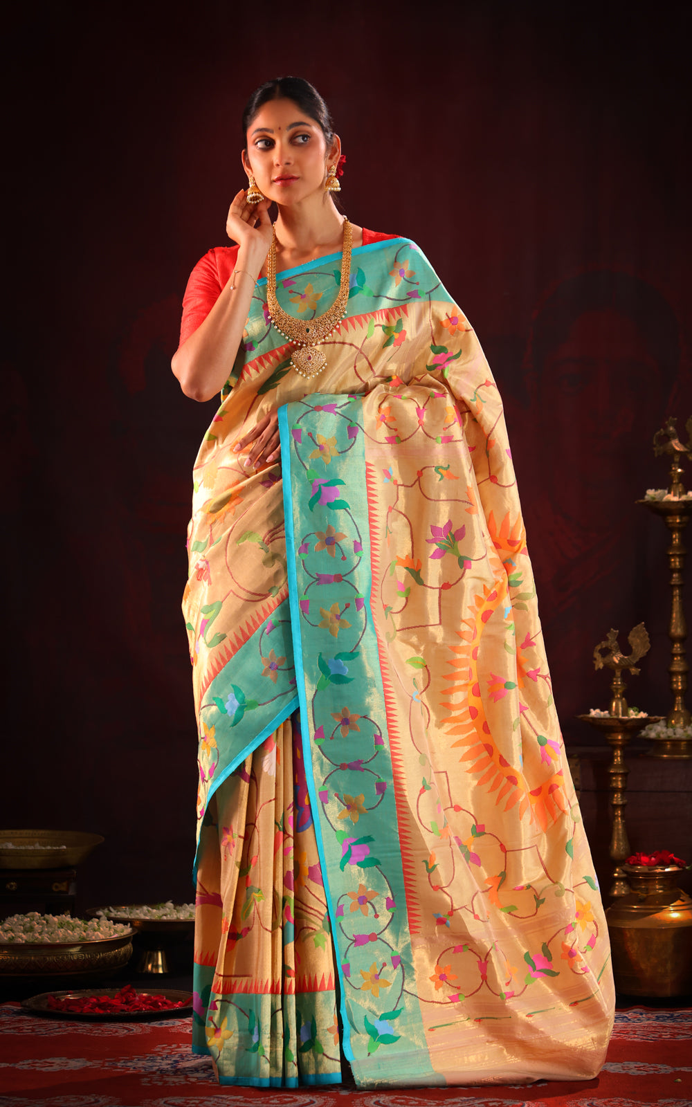 Light Gold Pure Tissue Paithani Silk Saree With Mina Weaves