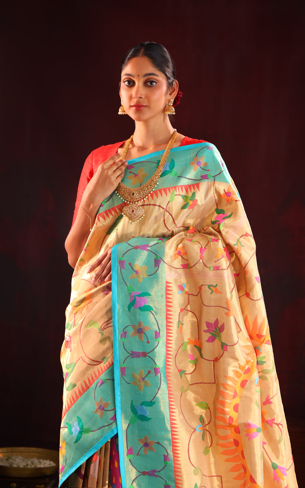 Light Gold Pure Tissue Paithani Silk Saree With Mina Weaves