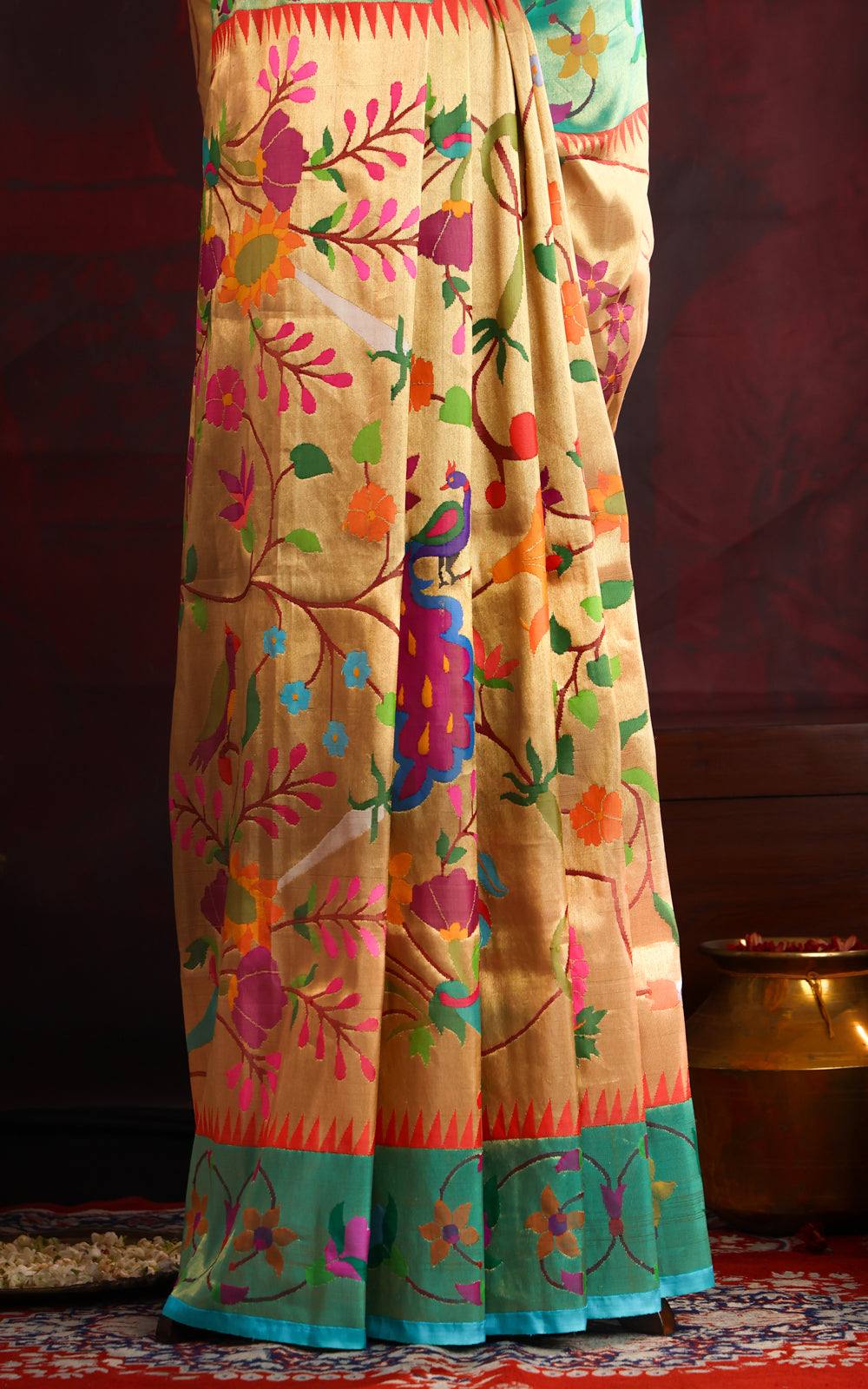 Light Gold Pure Tissue Paithani Silk Saree With Mina Weaves