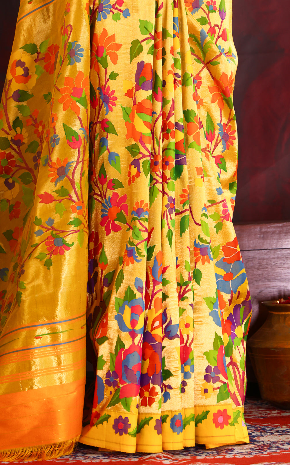 Yellow Tissue Paithani Silk Saree With Rich Floral Weaves