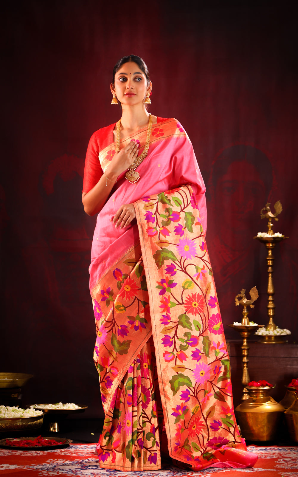 Pink Pure Paithani Silk Saree With Shirt Type Border