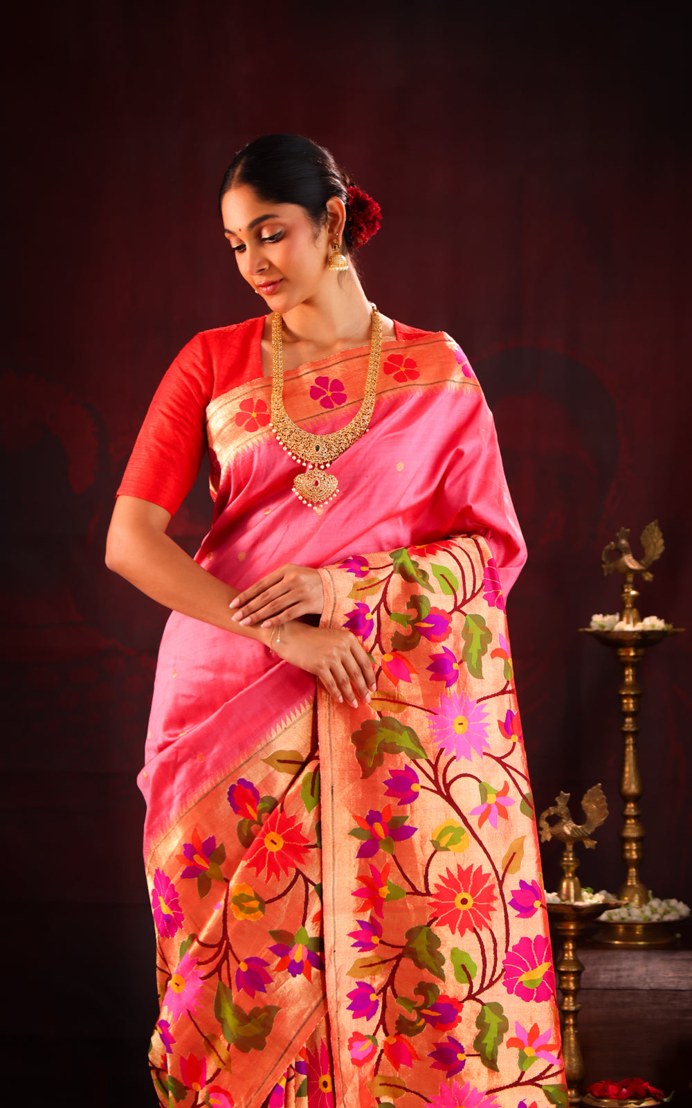 Pink Pure Paithani Silk Saree With Shirt Type Border