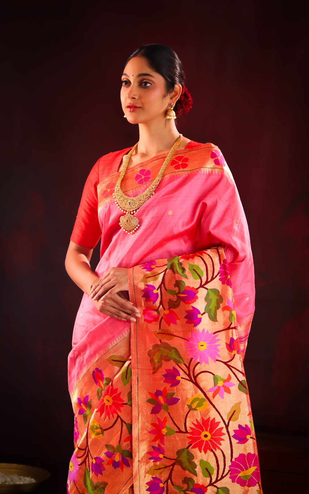 Pink Pure Paithani Silk Saree With Shirt Type Border