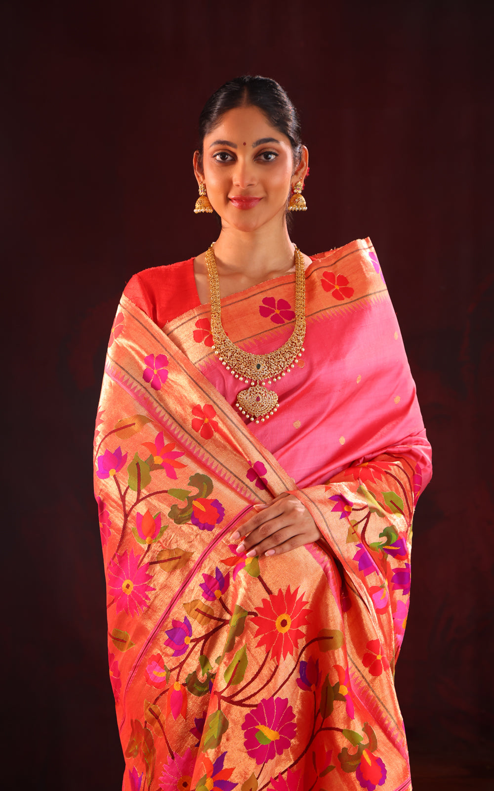 Pink Pure Paithani Silk Saree With Shirt Type Border