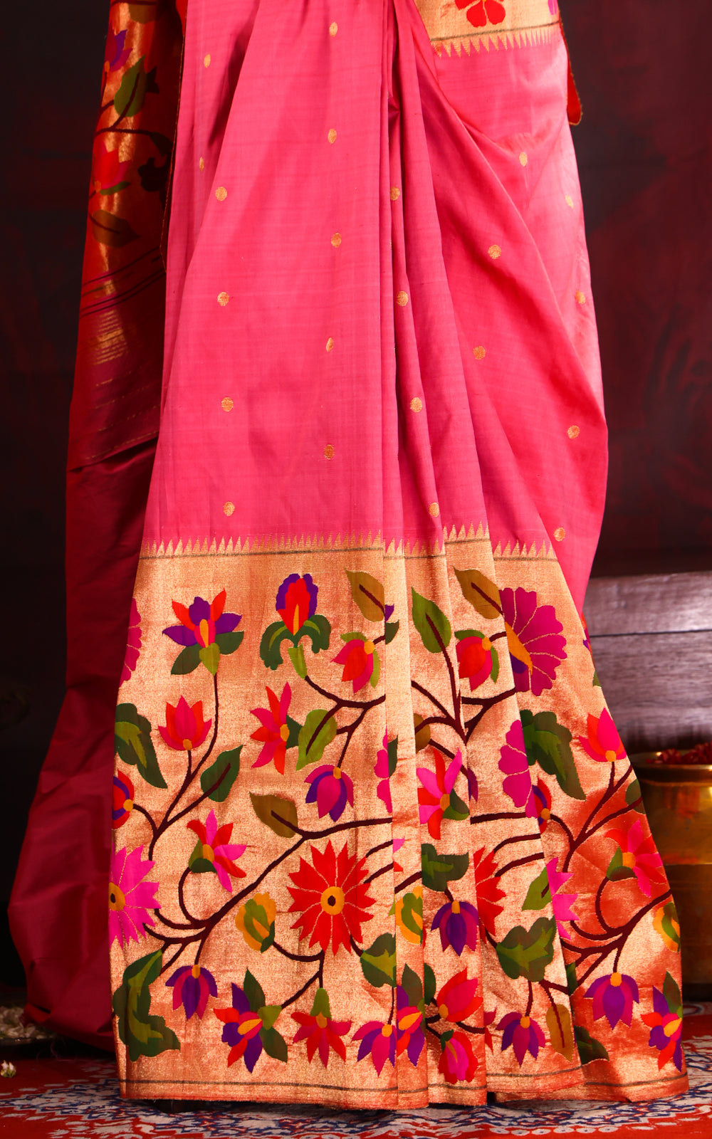 Pink Pure Paithani Silk Saree With Shirt Type Border