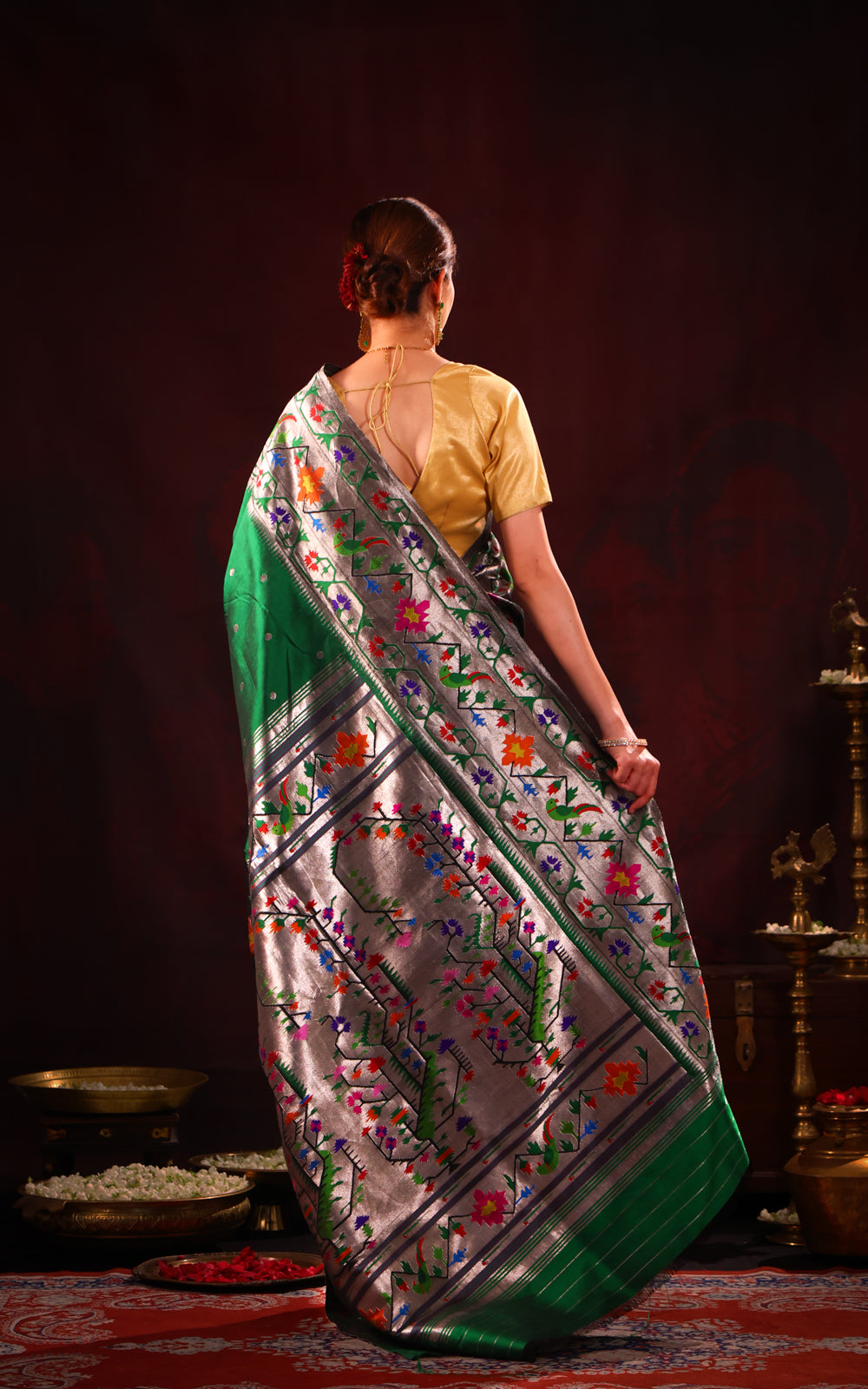 Green Pure Paithani Silk Saree With Silver Zari Mina Border & Pallu