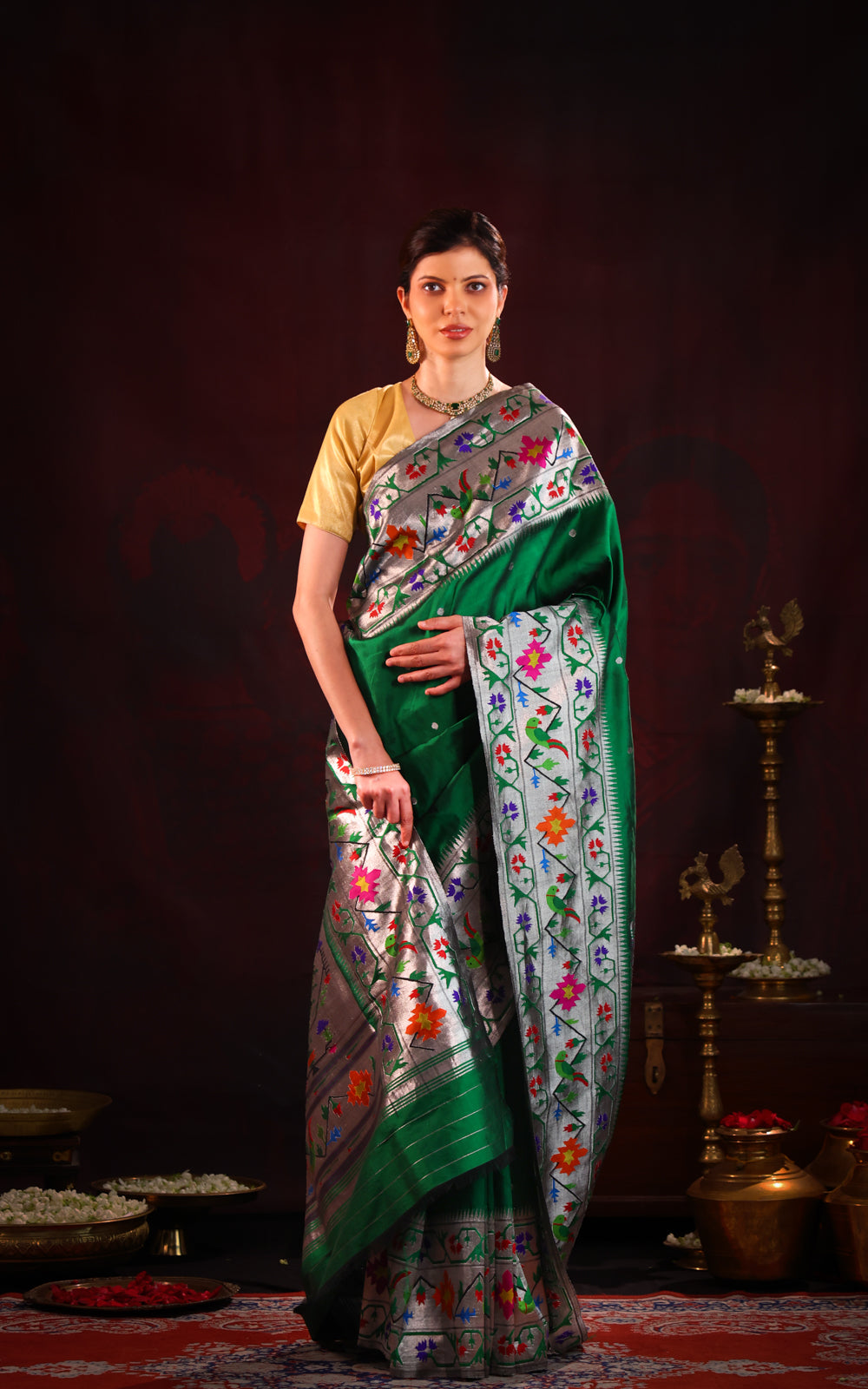 Green Pure Paithani Silk Saree With Silver Zari Mina Border & Pallu