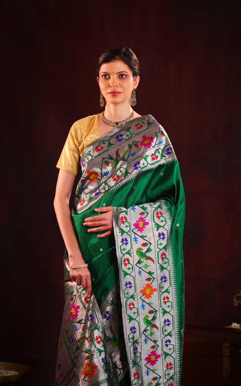Green Pure Paithani Silk Saree With Silver Zari Mina Border & Pallu