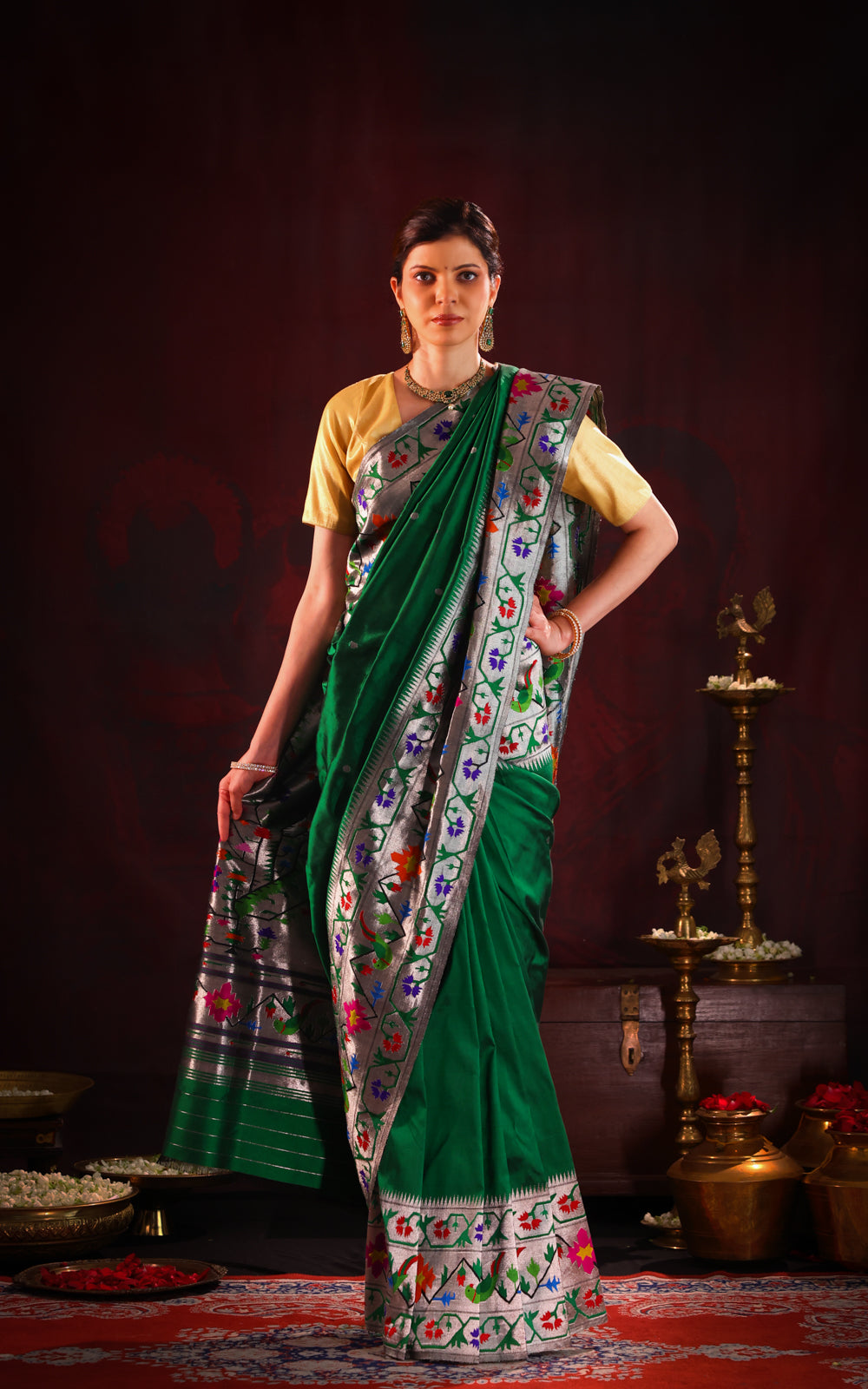 Green Pure Paithani Silk Saree With Silver Zari Mina Border & Pallu